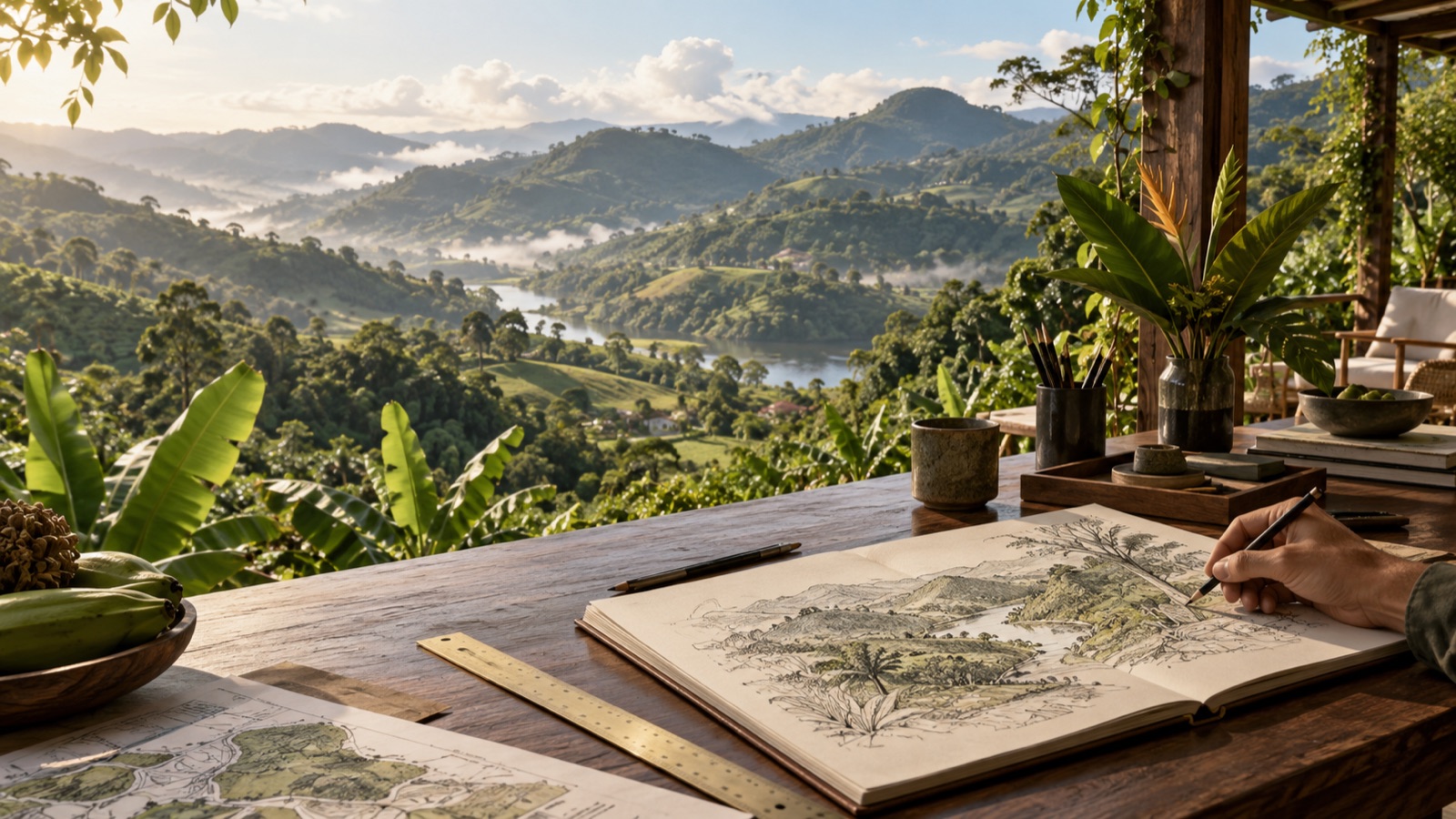 Concepto editorial de planificación con mesa de trabajo y valle verde