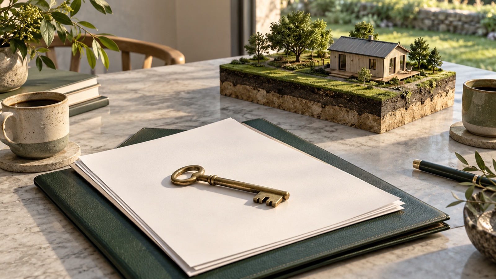 Composición editorial de un acuerdo, una llave y una maqueta de mejoras en el terreno